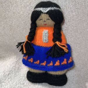 Vintage Handmade Knit like RARE Chile Folk Art DOLL ‎ With Baby On Back 8"